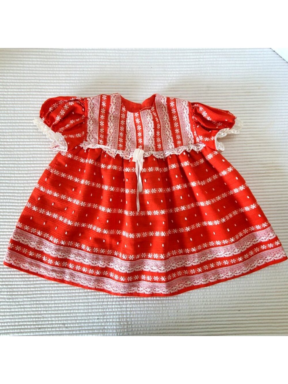 Baby Dress 12M Vintage 80s Red White Handmade Lace Floral Polka Dot Puff Sleeves